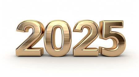 2025 golden metallic symbol isolated on white background, new year numbersの素材