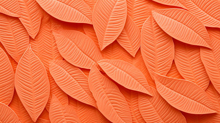 Trendy peach leaf texture close up, abstract macro apricot leaves in peach fuzz color.の素材
