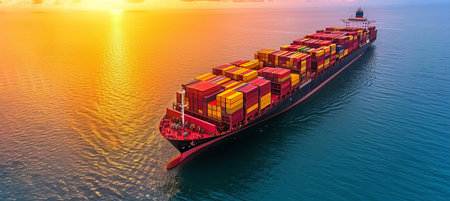 Aerial view of container cargo ship in the vast sea transporting goods and freightの素材