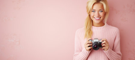 Young happy woman in casual looks, smiling at the camera on solid pastel background with copy spaceの素材