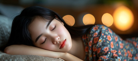 Cozy nighttime slumber  beautiful woman sleeping peacefully in bedroom, top viewの素材