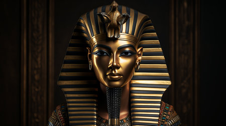 Female egyptian pharaoh statue in ancient temple ruins, symbolizing power and legacy.の素材