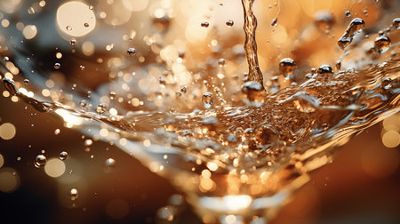 Effervescent champagne bubbles in close up, reflecting light in celebratory toast.の素材