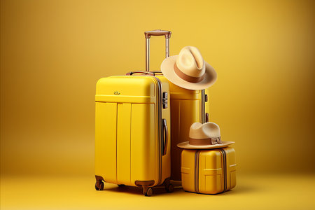 Traveler s yellow suitcase and hat for a holiday journey with copy space for text placementの素材