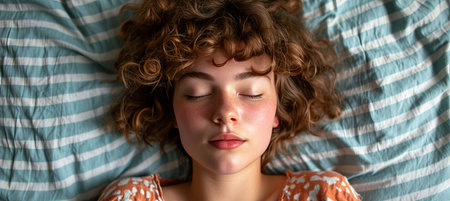 Beautiful young woman sleeping cozily on bed in bedroom at night with copy space for textの素材