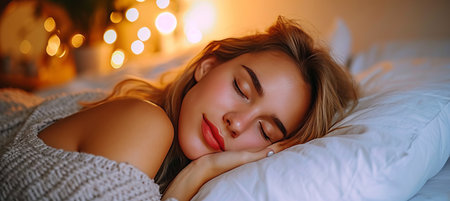 Top view of woman sleeping on bed in cozy bedroom at night, soft lighting with space for textの素材
