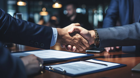 Close up of business people negotiating a contract and shaking hands in agreement during a meetingの素材