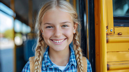 Energetic and joyful elementary school girl smiling, ready to hop on the school bus with excitementの素材