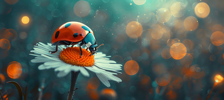 Ladybug on white flower  bright spring background with minimalistic abstract designの素材