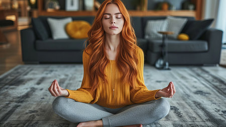 Serene young woman meditating at home, promoting mental health and relaxation through meditationの素材