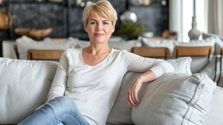 Smiling woman on sofa at home, senior in living room with copy space for text and relaxation conceptの素材