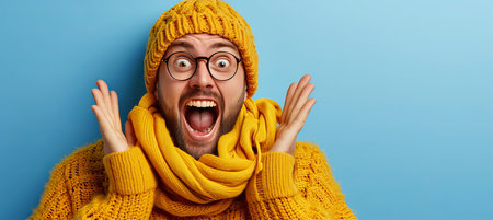 Smiling man in scarf and knitted hat, isolated on pastel background with copy spaceの素材