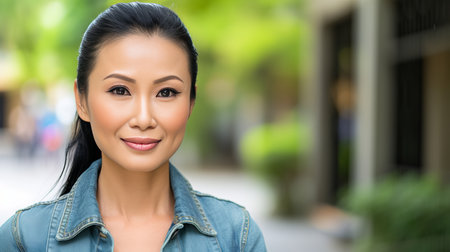 Confident woman portrait on blurred bright interior background with space for text placementの素材