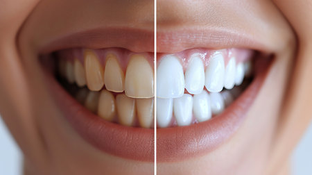 Radiant smile evolution  before and after dental whitening transformation close upの素材