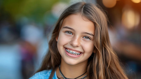 Radiant girl with charming smile wearing braces exuding confidence in natural settingの素材