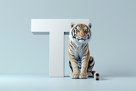 Tiger head shaped letter  t  isolated on white background with bold and striking designの素材