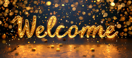 Welcome postcard with golden text on magical background and breathtaking sceneryの素材