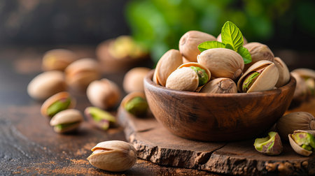 Delicious and nutritious  bowl of pistachio nuts on wooden table   a healthy snack optionの素材