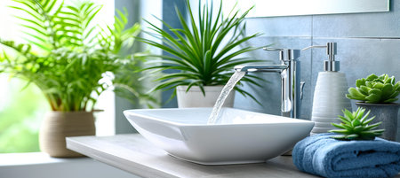 Minimalist bathroom interior with white square vessel sink and chrome faucet running waterの素材