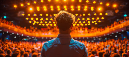 Confident speaker presenting at professional business conference, seen from the backの素材