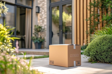 Cardboard package delivered to front door, online shopping delivery service conceptの素材