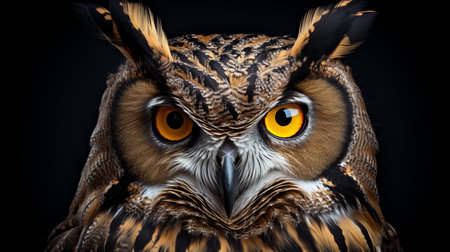 Majestic owl portrait isolated on dark background for wildlife and nature conceptsの素材