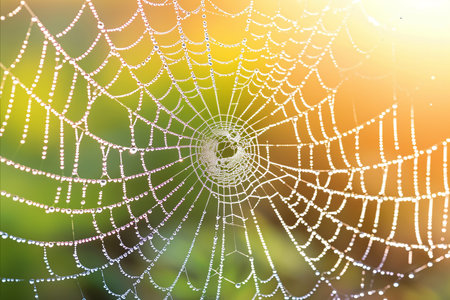 Glistening spider s web with intricate patterns and vibrant dewdrops illuminated by sunlight.の素材