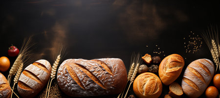 Assortment of freshly baked bakery products on blackboard with copy space, top viewの素材