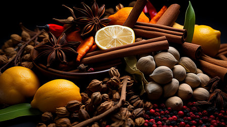 Vibrant close up of spices and herbs with dynamic lighting, showcasing vivid hues and textures.の素材