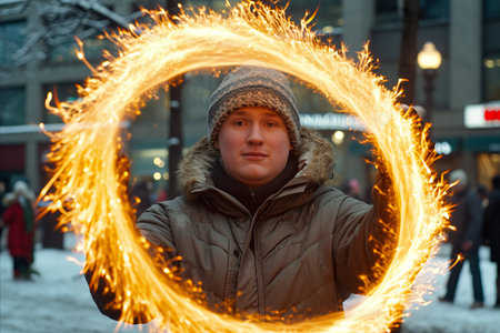Close up of a mesmerizing street performer captivating an audience with dynamic city lights.の素材