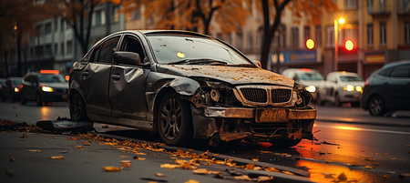 Chaotic city road car crash with damaged vehicles and emergency responders at the scene.の素材