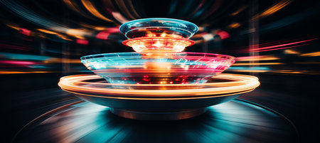 Colorful carousel in motion  close up capturing vibrant lights and lively details of a dynamic ride.の素材