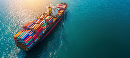 Aerial view of container cargo ship in the sea, industrial transportation and global trade conceptの素材