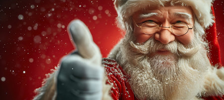 Cheerful santa claus in red outfit on red background with text space for copywritingの素材