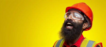 Smiling construction worker in uniform and safety helmet with copy space, labour day conceptの素材