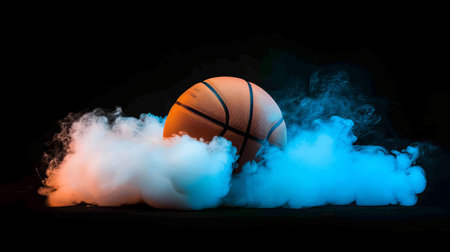 Dynamic basketball ball with colorful smoke swirling out, isolated on black backgroundの素材