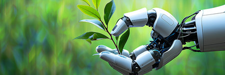Sustainable agricultural development  robot hand holding young plant in lush spring forestの素材