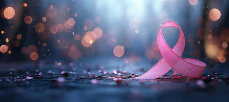 Breast cancer awareness month symbol with pink ribbon on magical blue background with copy spaceの素材