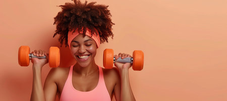 Smiling young woman comfortably lifting weights with copy space for text placementの素材