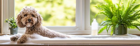 Cheerful dog in bubble bath with window view   happy canine in sudsy tub panorama with copy spaceの素材
