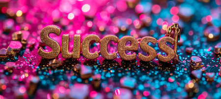 Magical bokeh sparkles background with golden text  success  for postcard designの素材