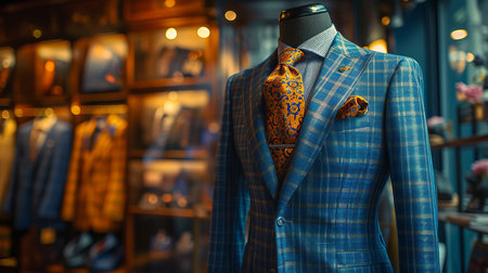 Elegant mannequin display in showroom with copy space, suits atelier concept for text placementの素材