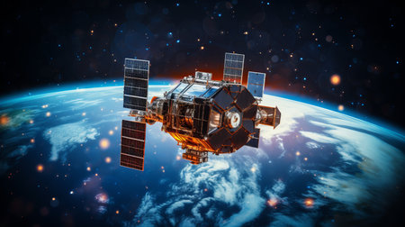 Telecom satellite orbiting earth with futuristic data hologram for internet and gps servicesの素材