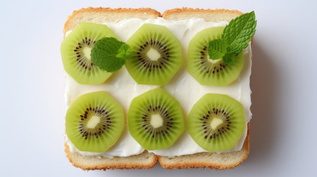 Vegetarian healthy sandwich with fresh fruits   top view on white table   diet breakfastの素材