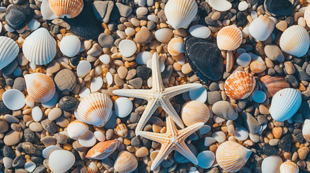 Top view of beach with seashells and starfish, natural textured background for summer travel designの素材