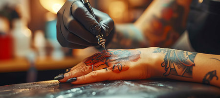 Tattoo artist creating a design on woman s hand with ample space for text placementの素材