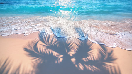 Tropical leaf shadows on water and white sand beach, abstract background for summer vacationの素材