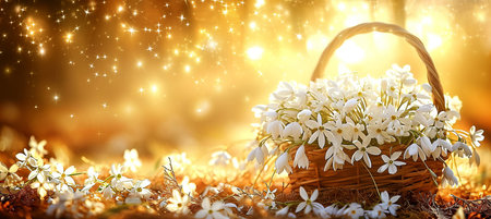 Isolated white basket of snowdrops on yellow spring background with copy space for text placementの素材