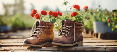 Vibrant gardening background with flowerpots and red boots in sunny garden landscapeの素材