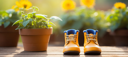 Sunny spring or summer garden with flowerpots and yellow boots in a gardening backgroundの素材